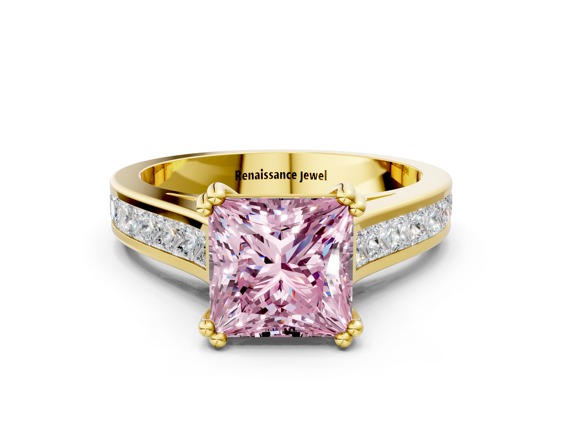 Yellow gold Fancy Pink Princess  Cut Channel Set Solitaire Engagement Ring with Prong Setting