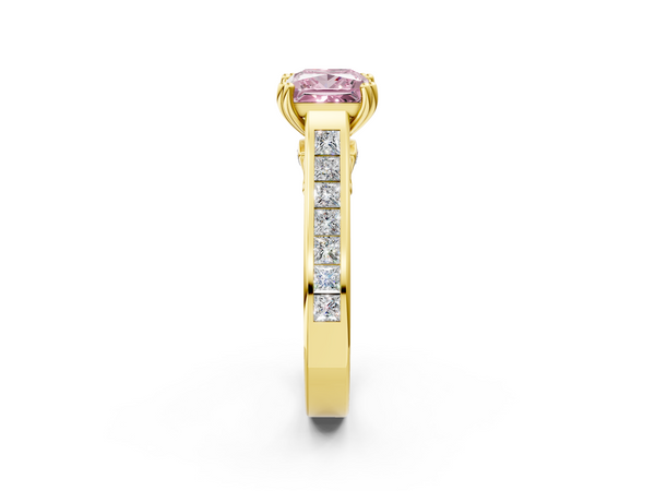 Yellow Gold Princess Cut Channel Set Solitaire Engagement Ring Setting for Fancy Pink Center with Double Claw Prongs