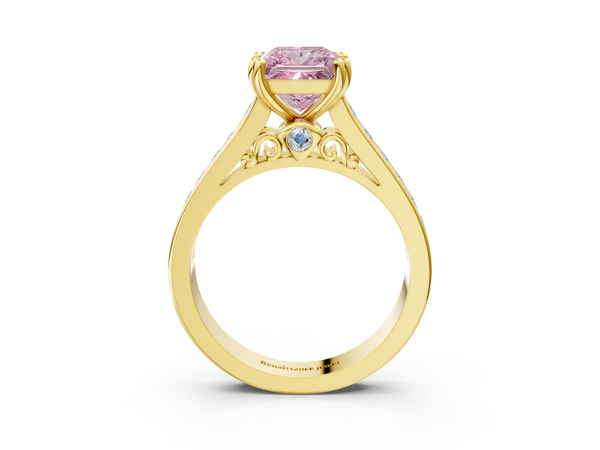 Yellow Gold Princess Cut Channel Set Solitaire Engagement Ring Setting for Fancy Pink Center with Double Claw Prongs