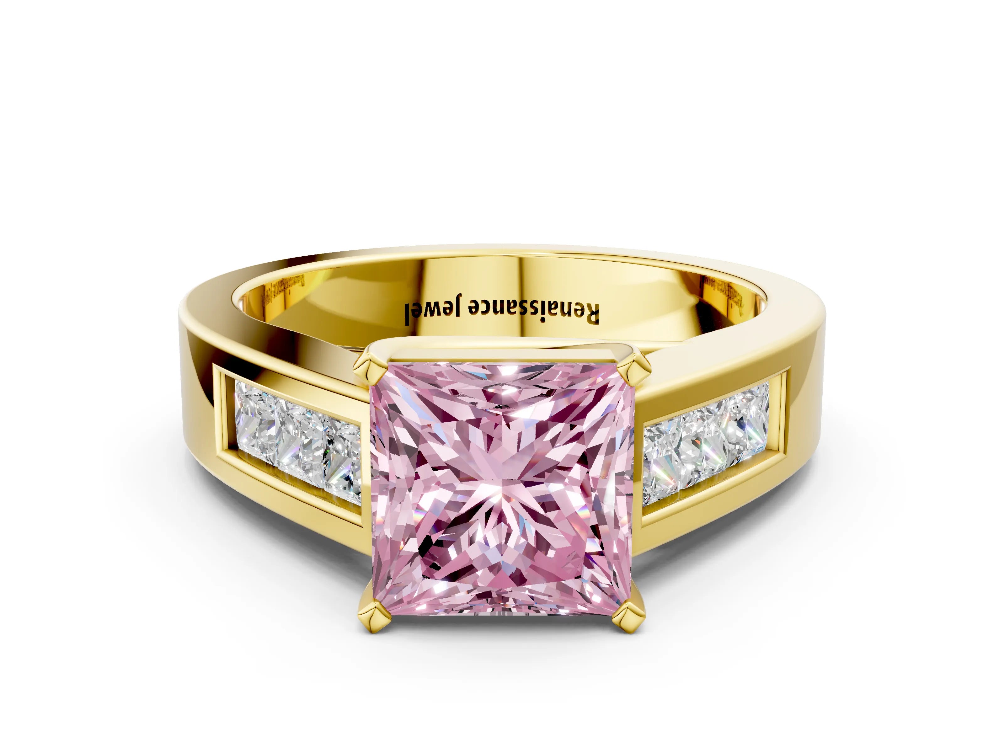Yellow gold Fancy Pink Princess Cut Cut Channel Set Solitaire Ring with Four-Prong Setting