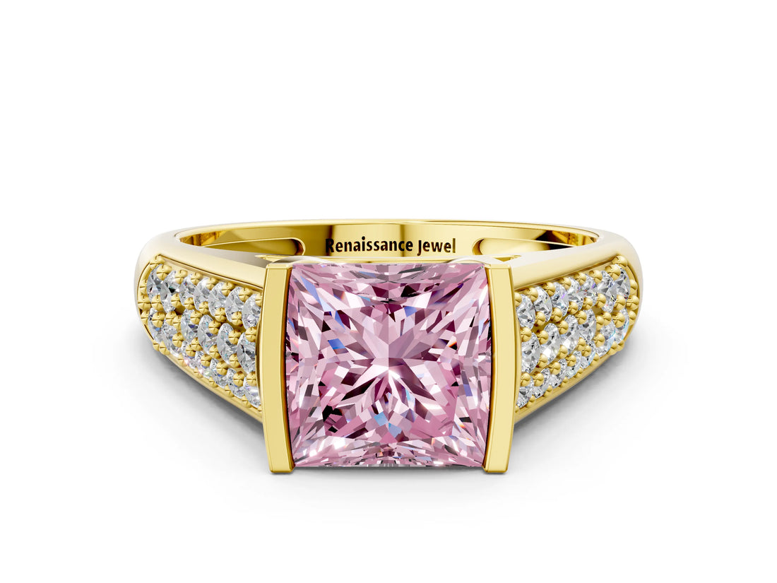 Yellow gold Fancy Pink Princess Cut Cut Diamond Channel Set Pave Band with Tension Prong Setting