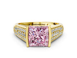Yellow gold Fancy Pink Princess Cut Cut Diamond Channel Set Pave Band with Tension Prong Setting