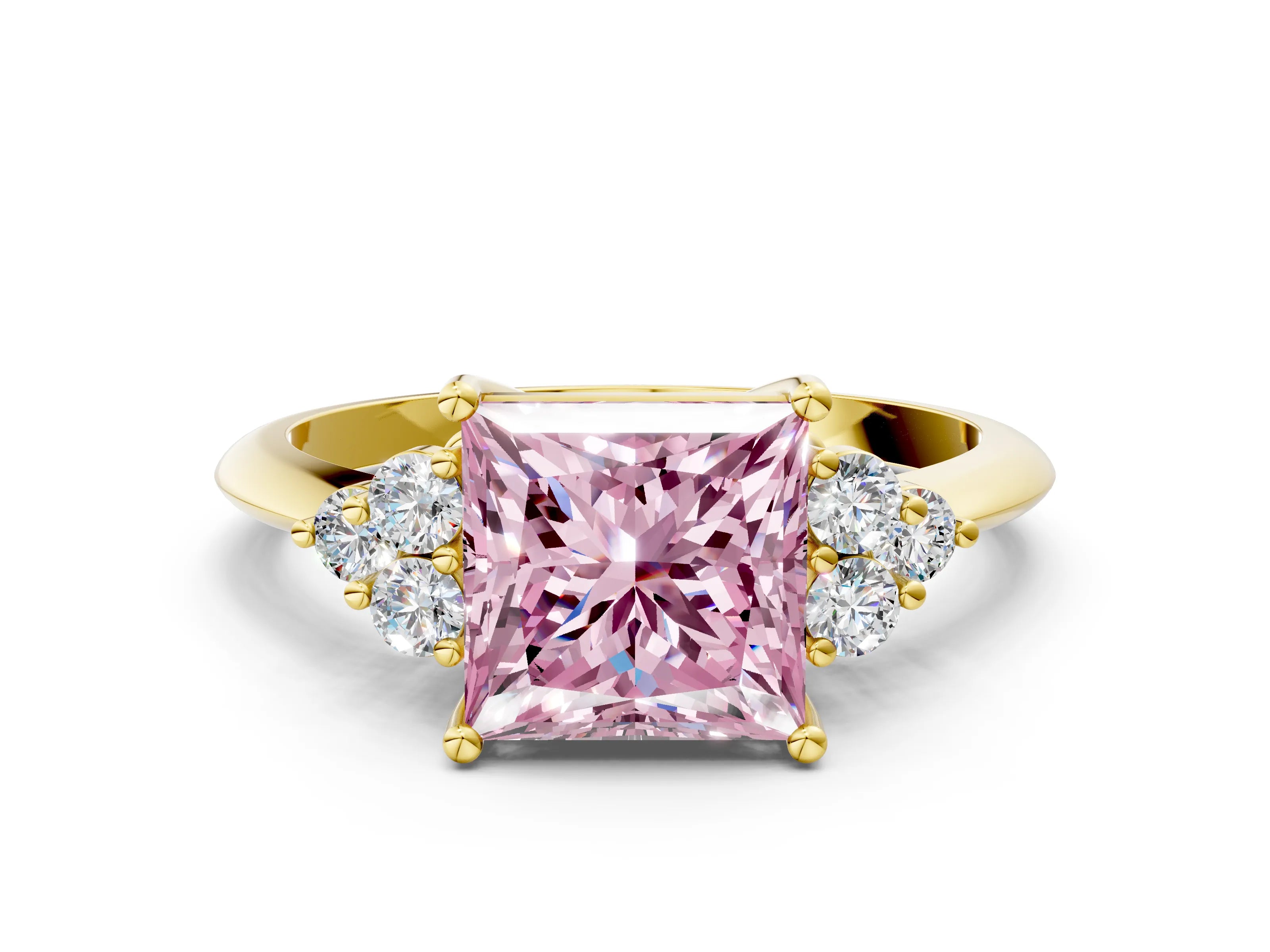 Yellow gold Fancy Pink Princess Cut Cut Diamond Cluster Ring with Solitaire Band and Four-Prong Setting_12