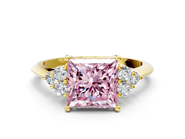 Yellow gold Fancy Pink Princess Cut Cut Diamond Cluster Ring with Solitaire Band and Four-Prong Setting