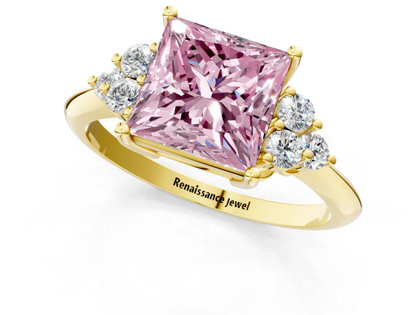 Yellow gold Fancy Pink Princess Cut Cut Diamond Cluster Ring with Solitaire Band and Four-Prong Setting
