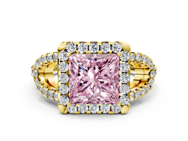 Yellow Gold Princess Cut Split Shank Pave Halo Engagement Ring Setting for Fancy Pink Center