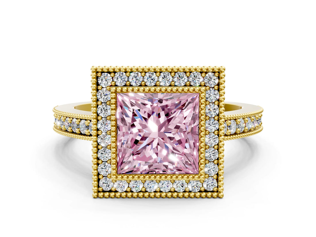Yellow gold Fancy Pink Princess Cut-Cut Diamond Halo Engagement Ring with Pave Band and Prong Setting
