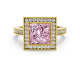 Yellow gold Fancy Pink Princess Cut-Cut Diamond Halo Engagement Ring with Pave Band and Prong Setting