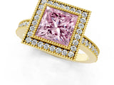 Yellow gold Fancy Pink Princess Cut-Cut Diamond Halo Engagement Ring with Pave Band and Prong Setting_1