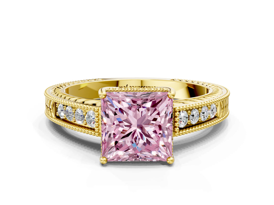 Yellow gold Fancy Pink Princess Cut Cut Diamond Milgrain Pave Band Four-Prong Setting Ring_3