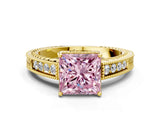 Yellow gold Fancy Pink Princess Cut Cut Diamond Milgrain Pave Band Four-Prong Setting Ring_3