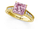 Yellow gold Fancy Pink Princess Cut Cut Diamond Milgrain Pave Band Four-Prong Setting Ring_4
