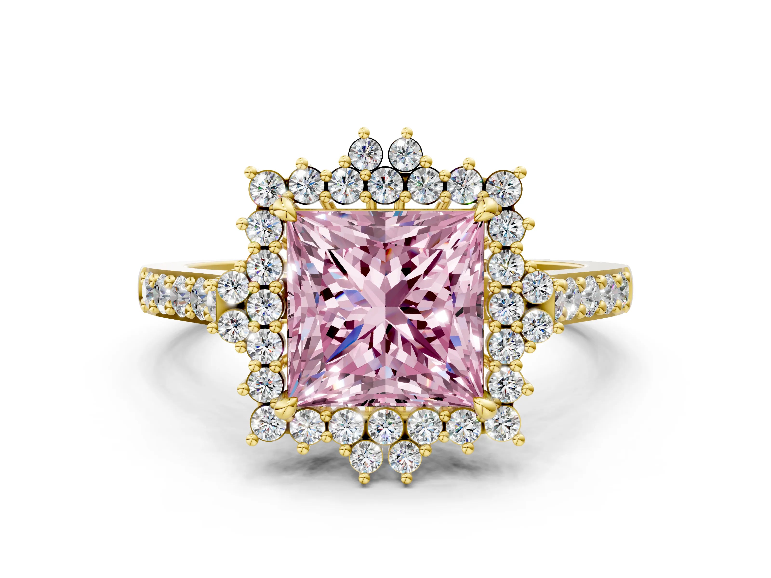 Yellow gold Fancy Pink Princess Cut Cut Diamond Sunburst Halo Engagement Ring with Pavé Band