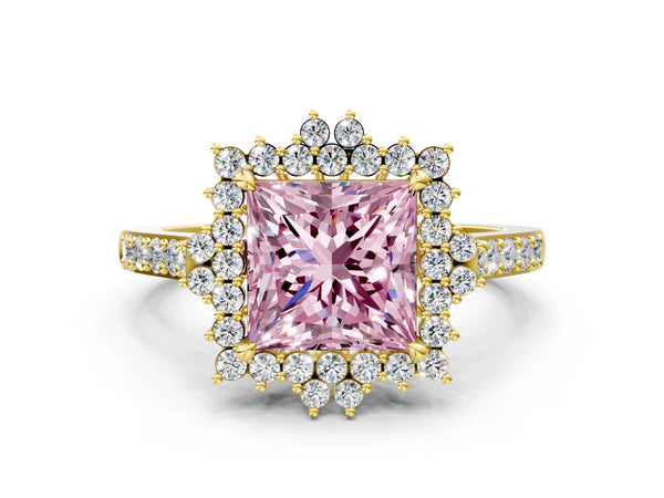 Yellow gold Fancy Pink Princess Cut Cut Diamond Sunburst Halo Engagement Ring with Pavé Band