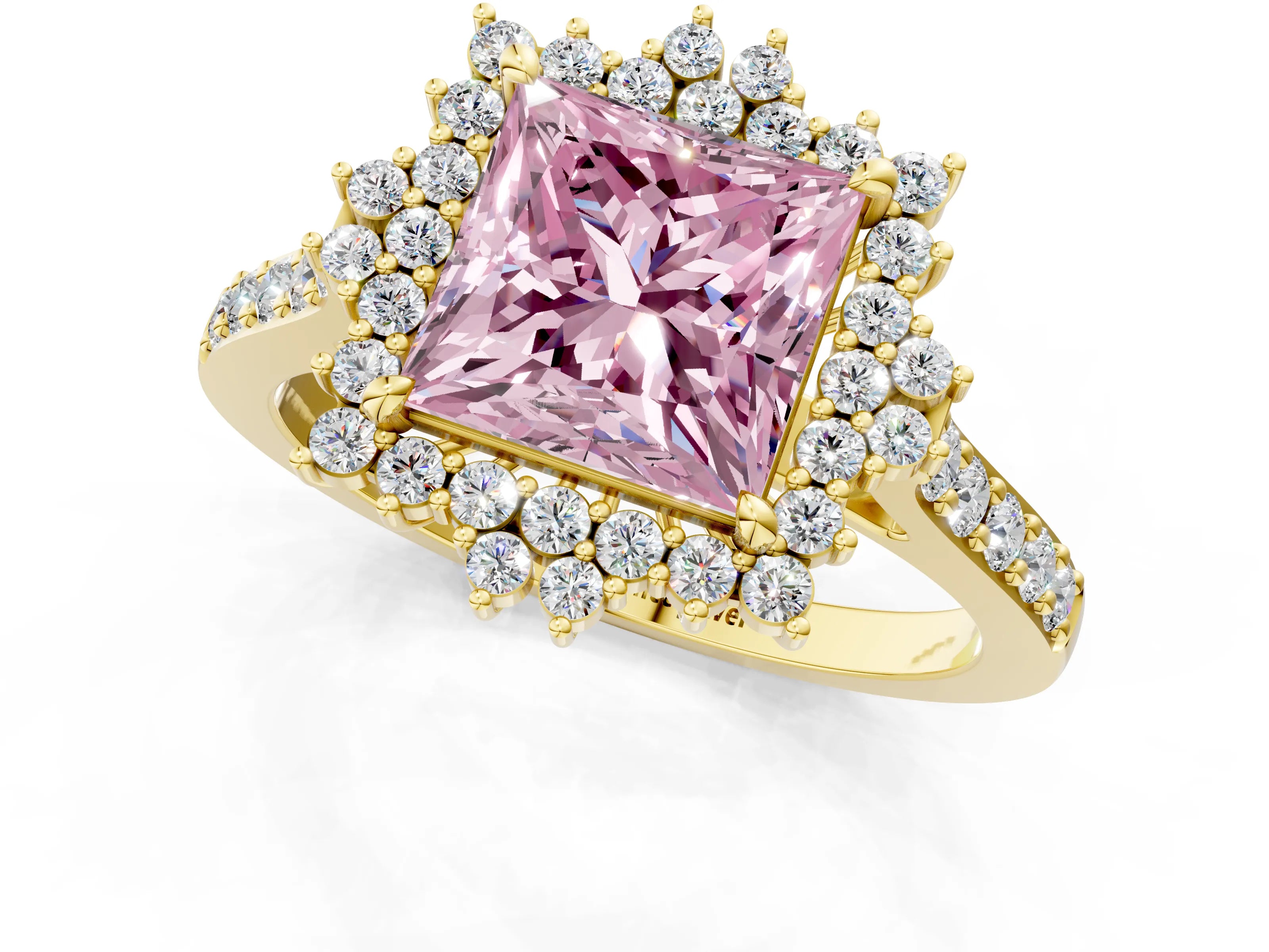 Yellow gold Fancy Pink Princess Cut Cut Diamond Sunburst Halo Engagement Ring with Pavé Band_1