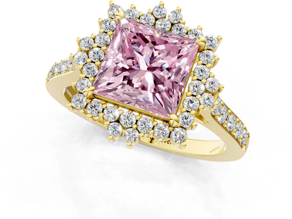 Yellow gold Fancy Pink Princess Cut Cut Diamond Sunburst Halo Engagement Ring with Pavé Band