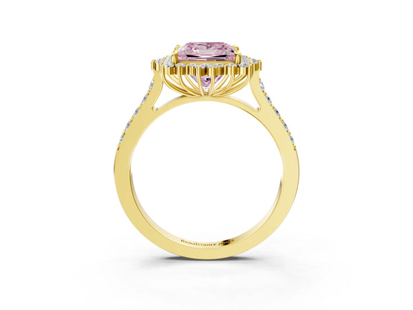 Yellow gold Fancy Pink Princess Cut Cut Diamond Sunburst Halo Engagement Ring with Pavé Band