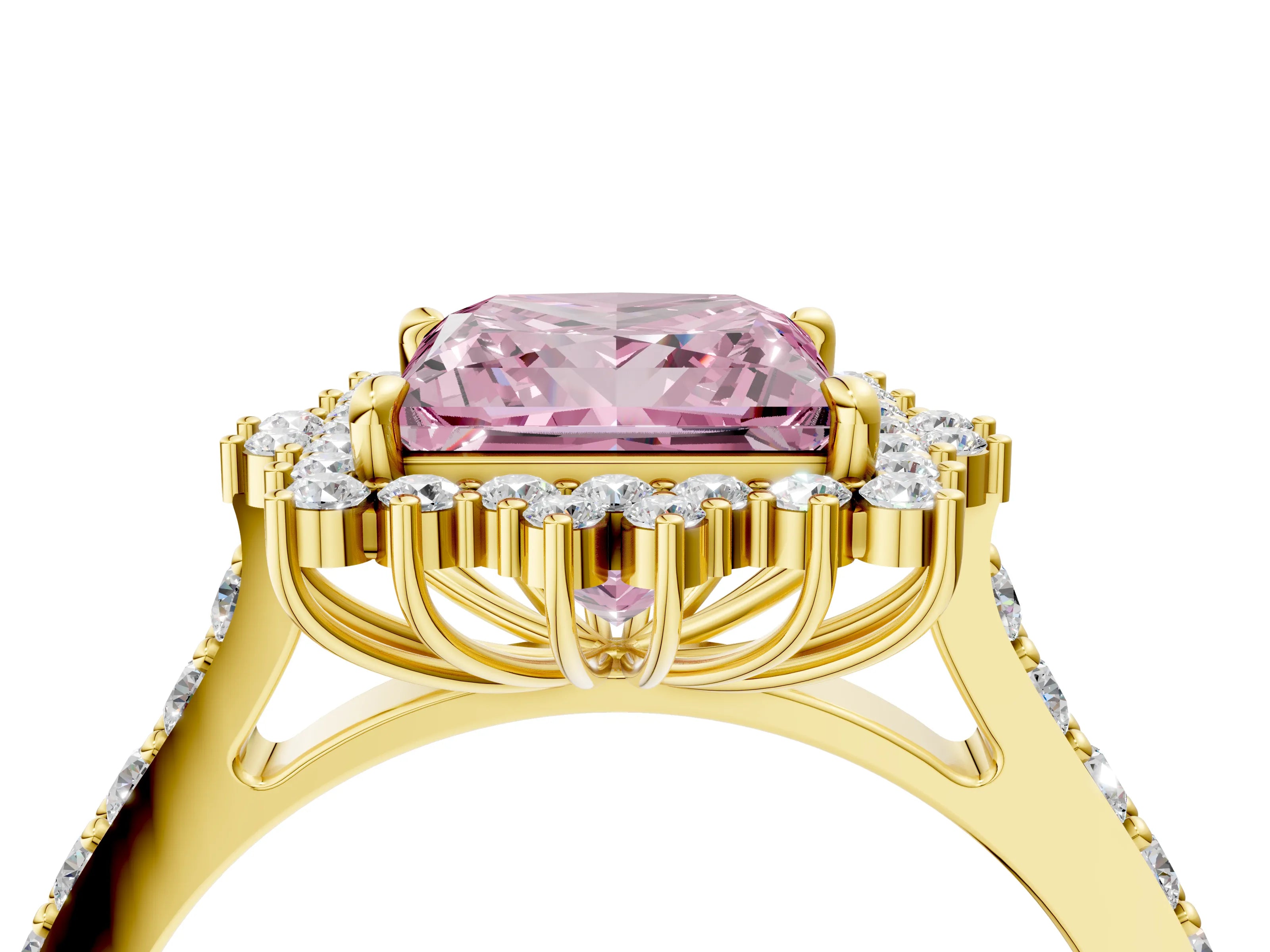 Yellow gold Fancy Pink Princess Cut Cut Diamond Sunburst Halo Engagement Ring with Pavé Band_4