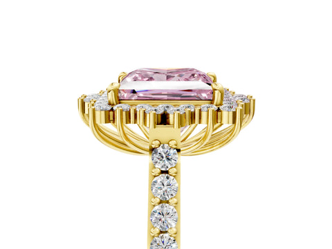 Yellow gold Fancy Pink Princess Cut Cut Diamond Sunburst Halo Engagement Ring with Pavé Band_5