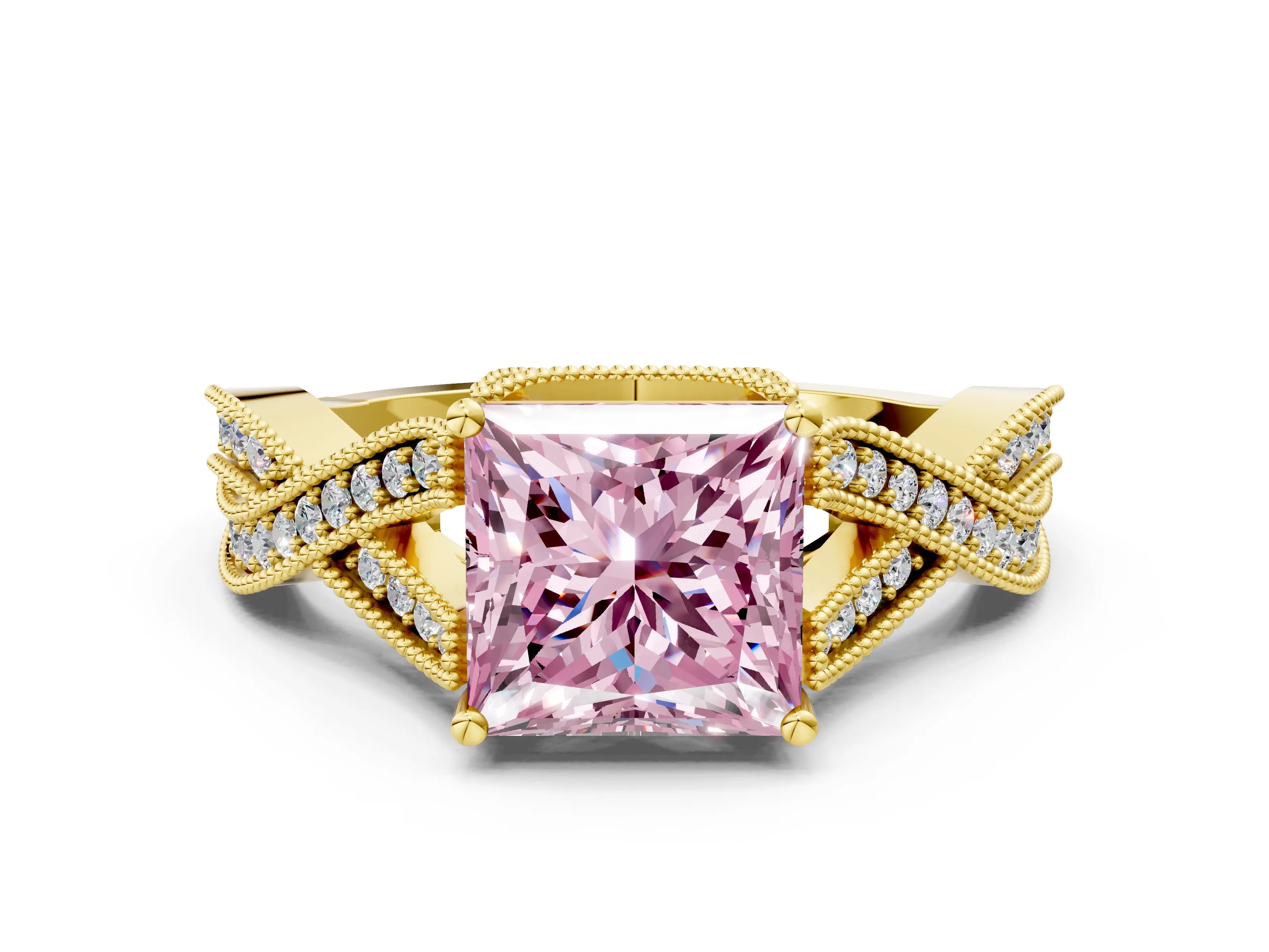Yellow gold Fancy Pink Princess Cut Cut Diamond Twisted Band with Milgrain Pave Setting and Four-Prong Setting