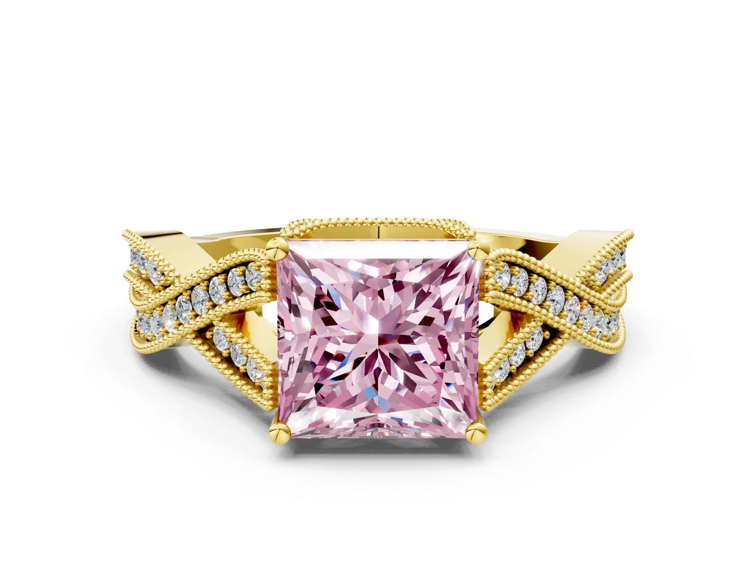 Yellow gold Fancy Pink Princess Cut Cut Diamond Twisted Band with Milgrain Pave Setting and Four-Prong Setting