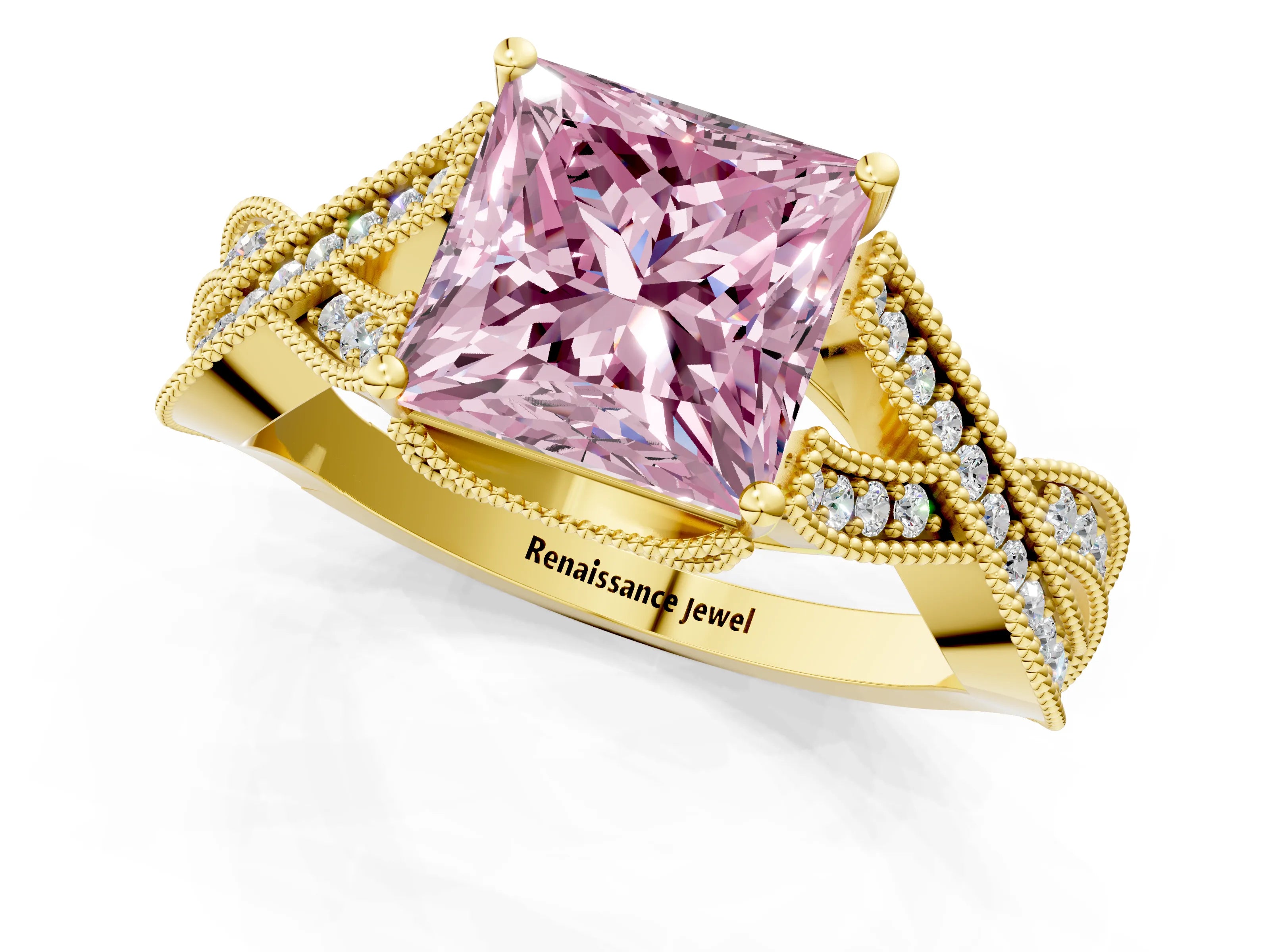 Yellow gold Fancy Pink Princess Cut Cut Diamond Twisted Band with Milgrain Pave Setting and Four-Prong Setting_1