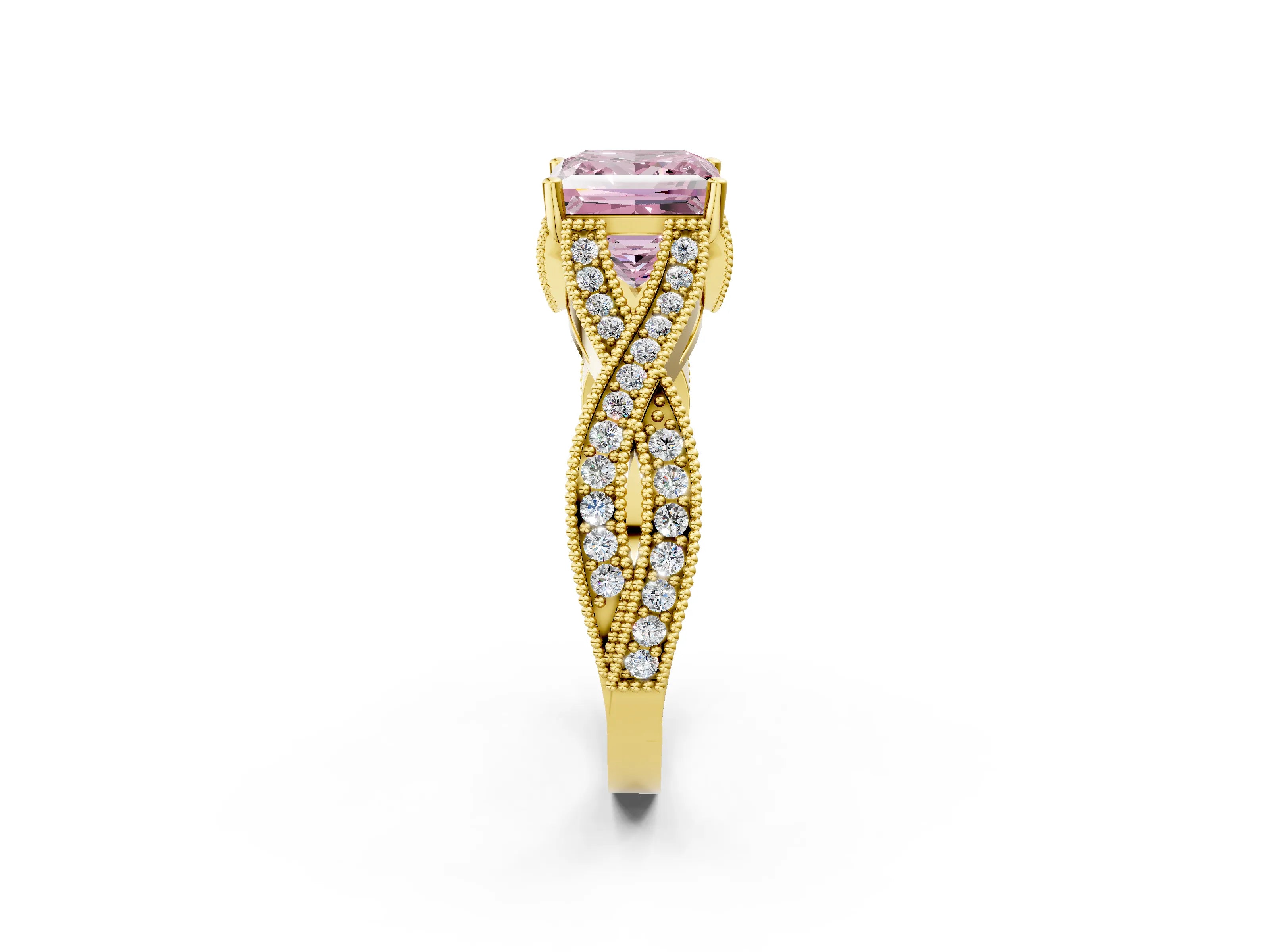 Yellow gold Fancy Pink Princess Cut Cut Diamond Twisted Band with Milgrain Pave Setting and Four-Prong Setting_2