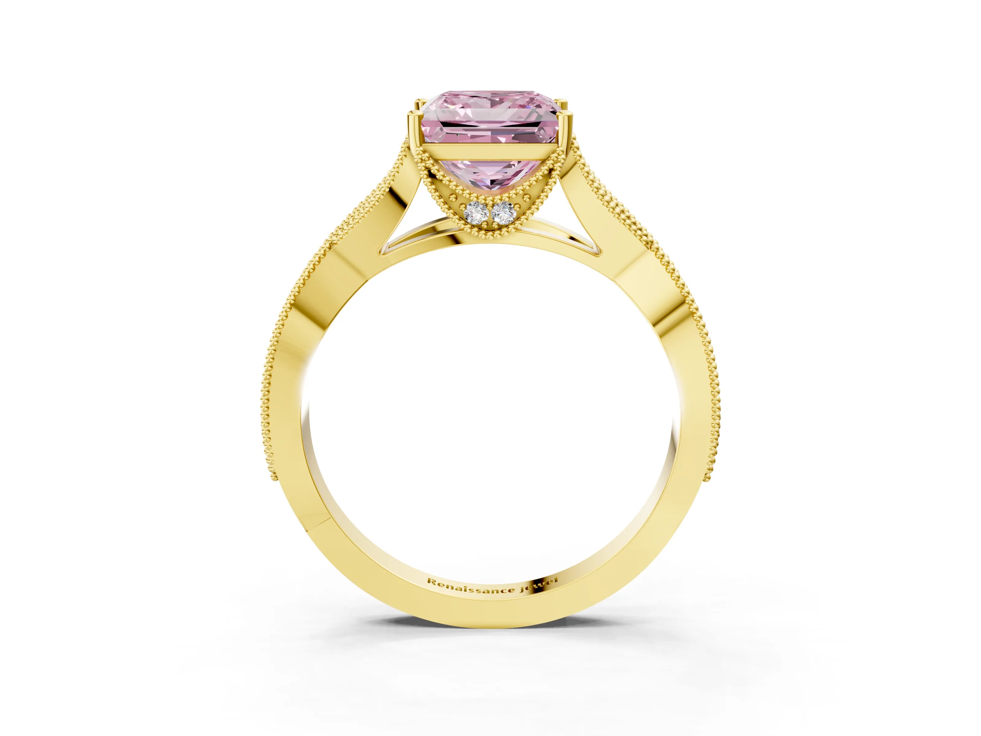 Yellow gold Fancy Pink Princess Cut Cut Diamond Twisted Band with Milgrain Pave Setting and Four-Prong Setting_3