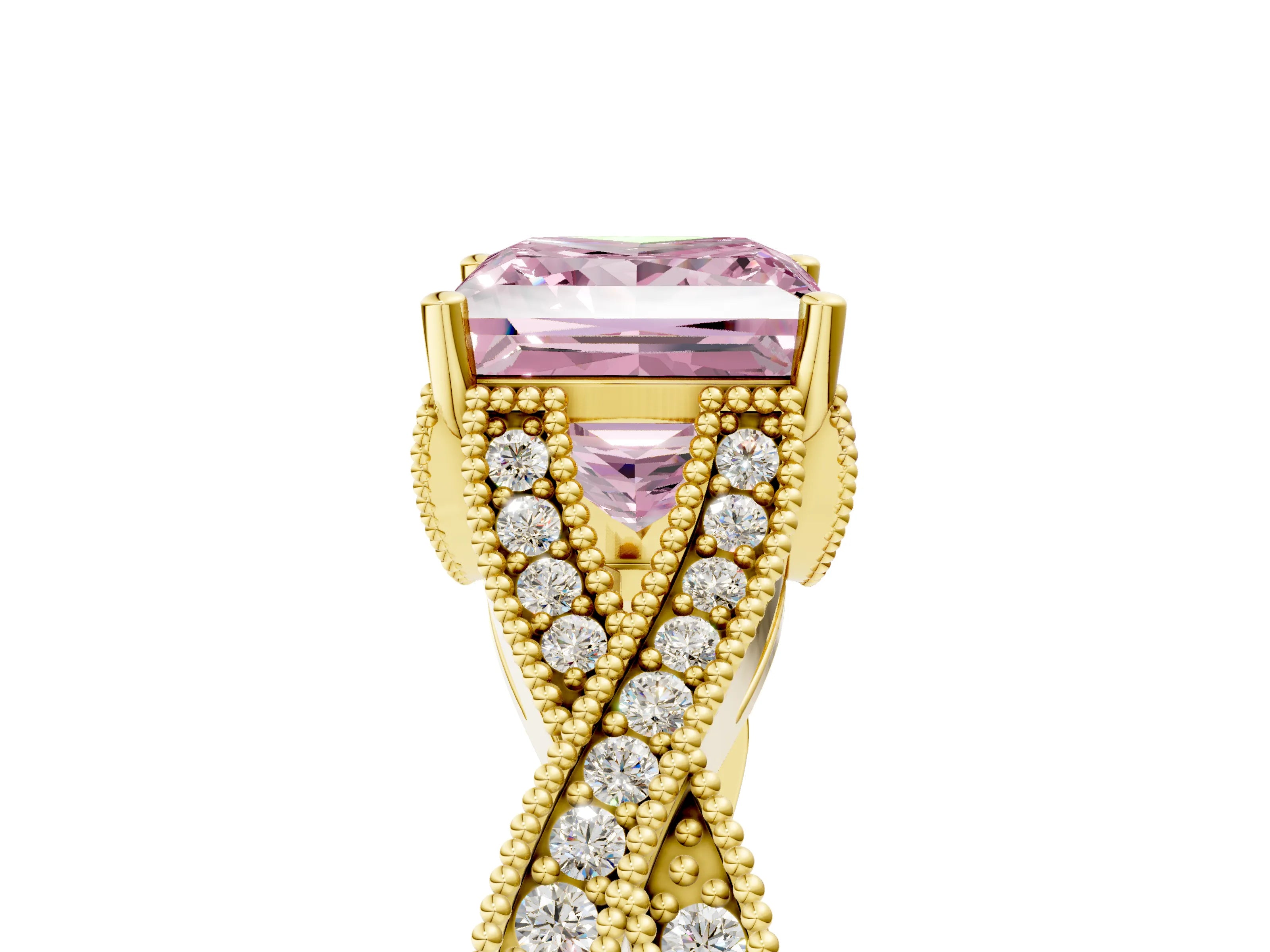 Yellow gold Fancy Pink Princess Cut Cut Diamond Twisted Band with Milgrain Pave Setting and Four-Prong Setting_5