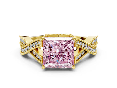 Yellow gold Fancy Pink Princess Cut Cut Diamond Twisted Band with Milgrain Pave Setting and Four-Prong Setting