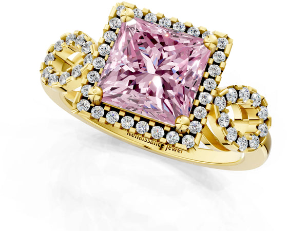 Yellow Gold Princess Cut Pave Infinity Halo Engagement Ring Setting for Fancy Pink Center