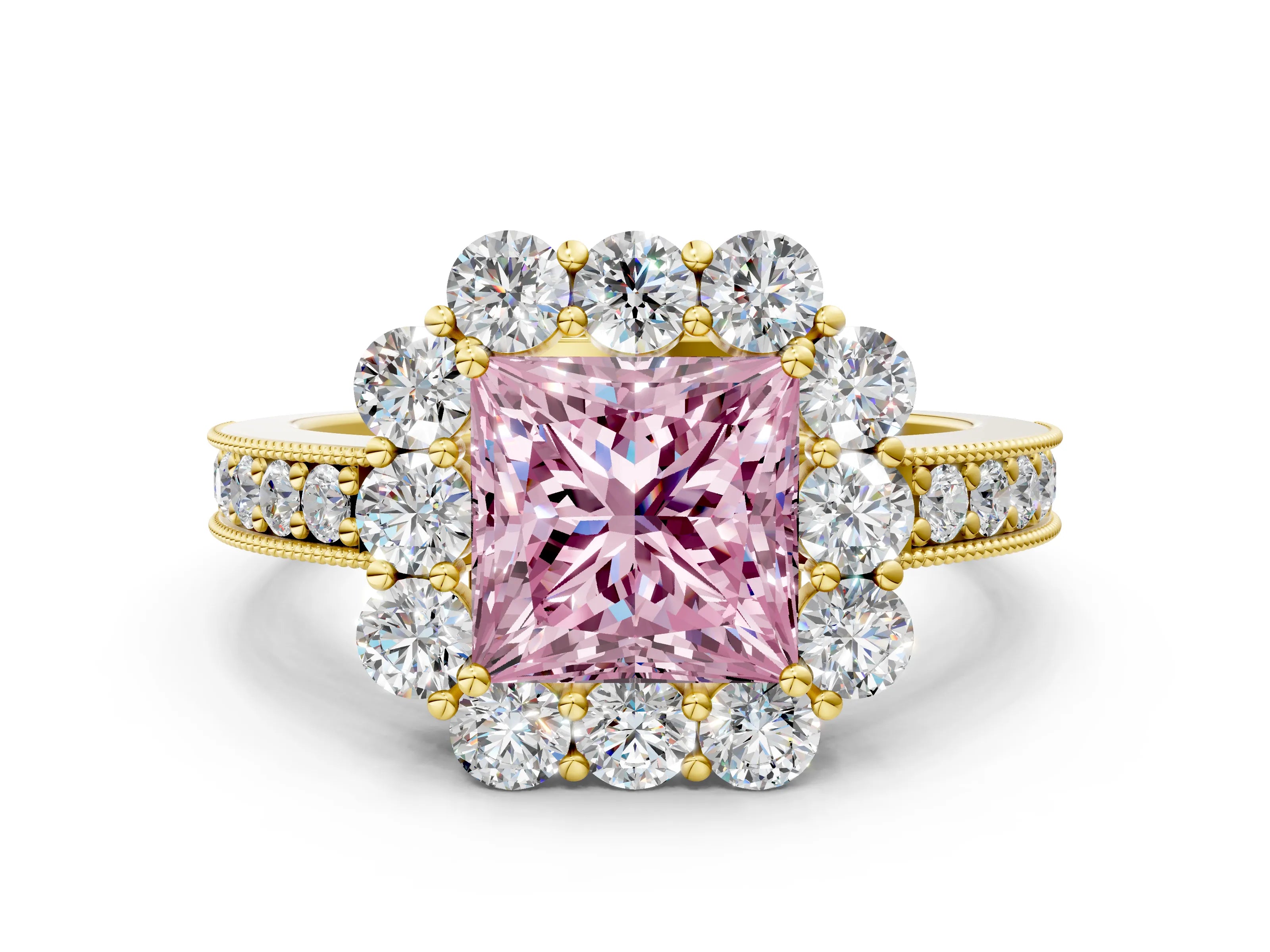 Yellow gold Fancy Pink Princess Cut Cut Halo Diamond Pavé Engagement Ring with Milgrain Detailing