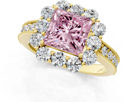 Yellow gold Fancy Pink Princess Cut Cut Halo Diamond Pavé Engagement Ring with Milgrain Detailing_1