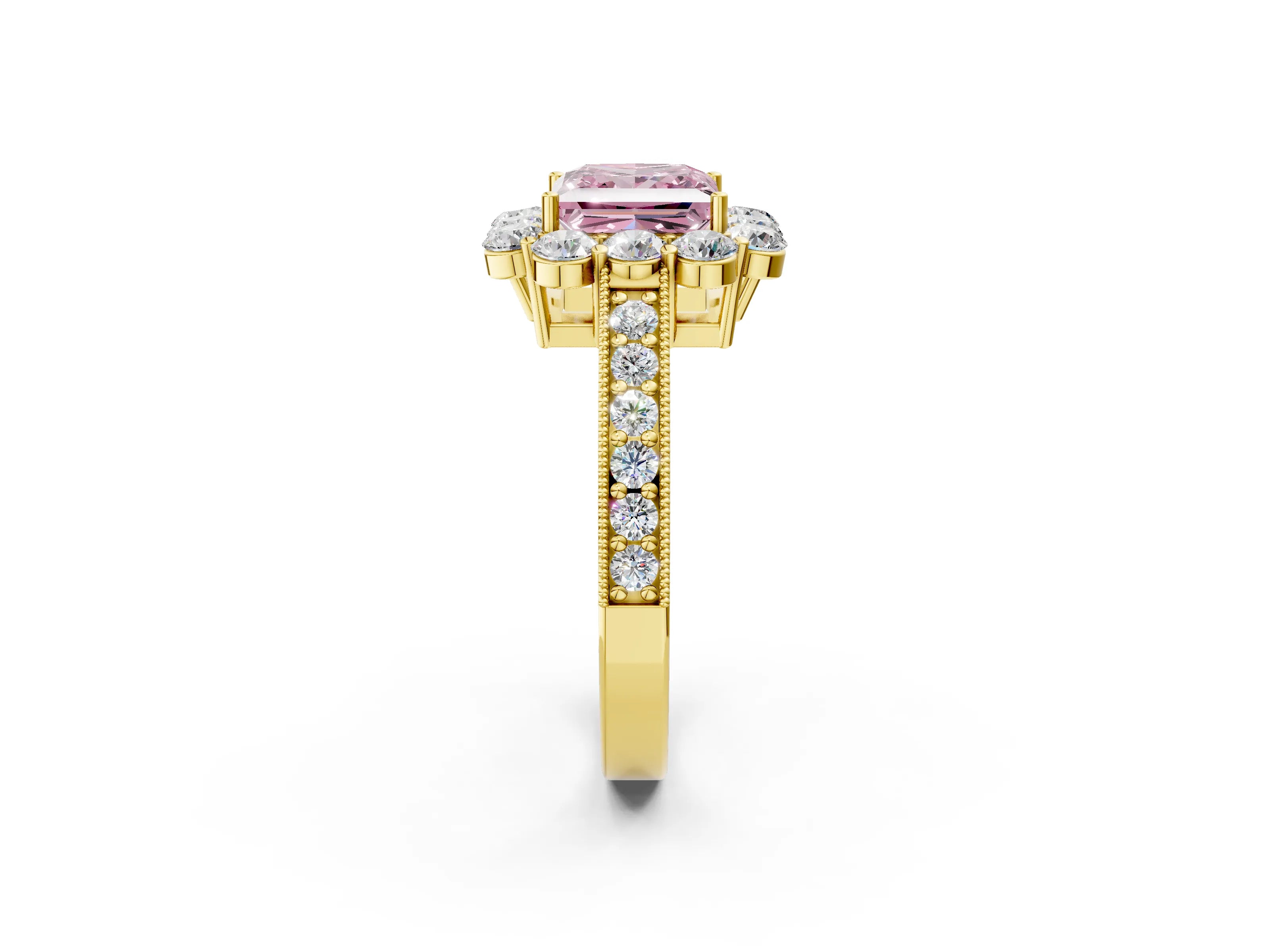 Yellow gold Fancy Pink Princess Cut Cut Halo Diamond Pavé Engagement Ring with Milgrain Detailing_2