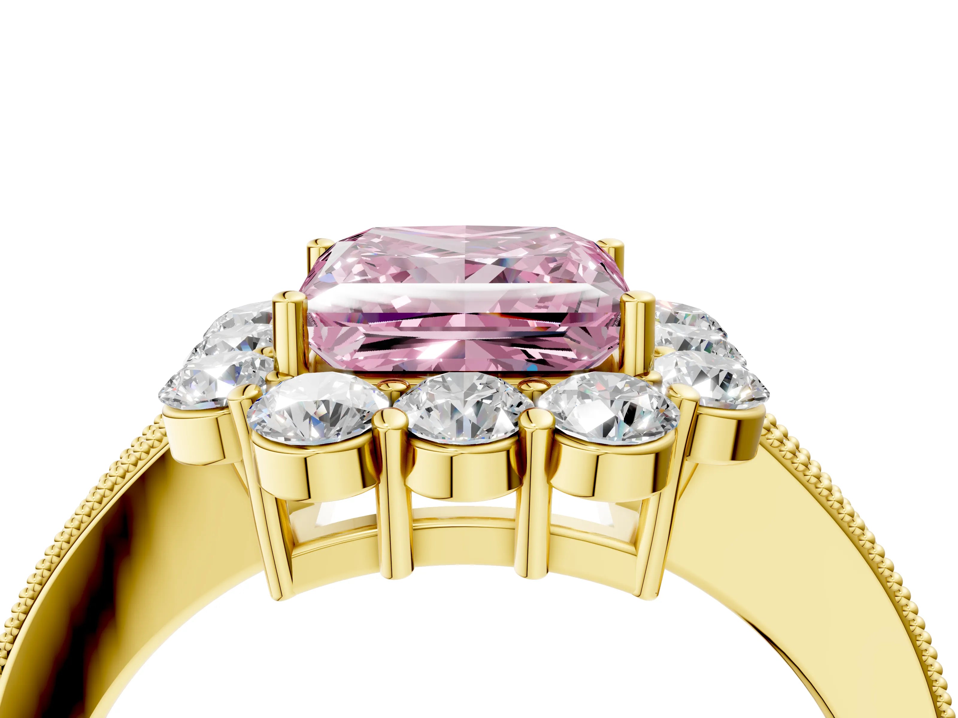 Yellow gold Fancy Pink Princess Cut Cut Halo Diamond Pavé Engagement Ring with Milgrain Detailing_4
