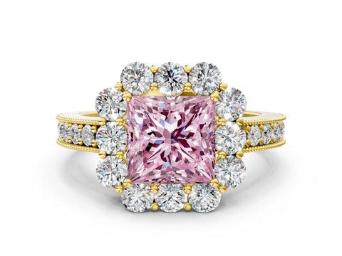 Yellow gold Fancy Pink Princess Cut Cut Halo Diamond Pavé Engagement Ring with Milgrain Detailing