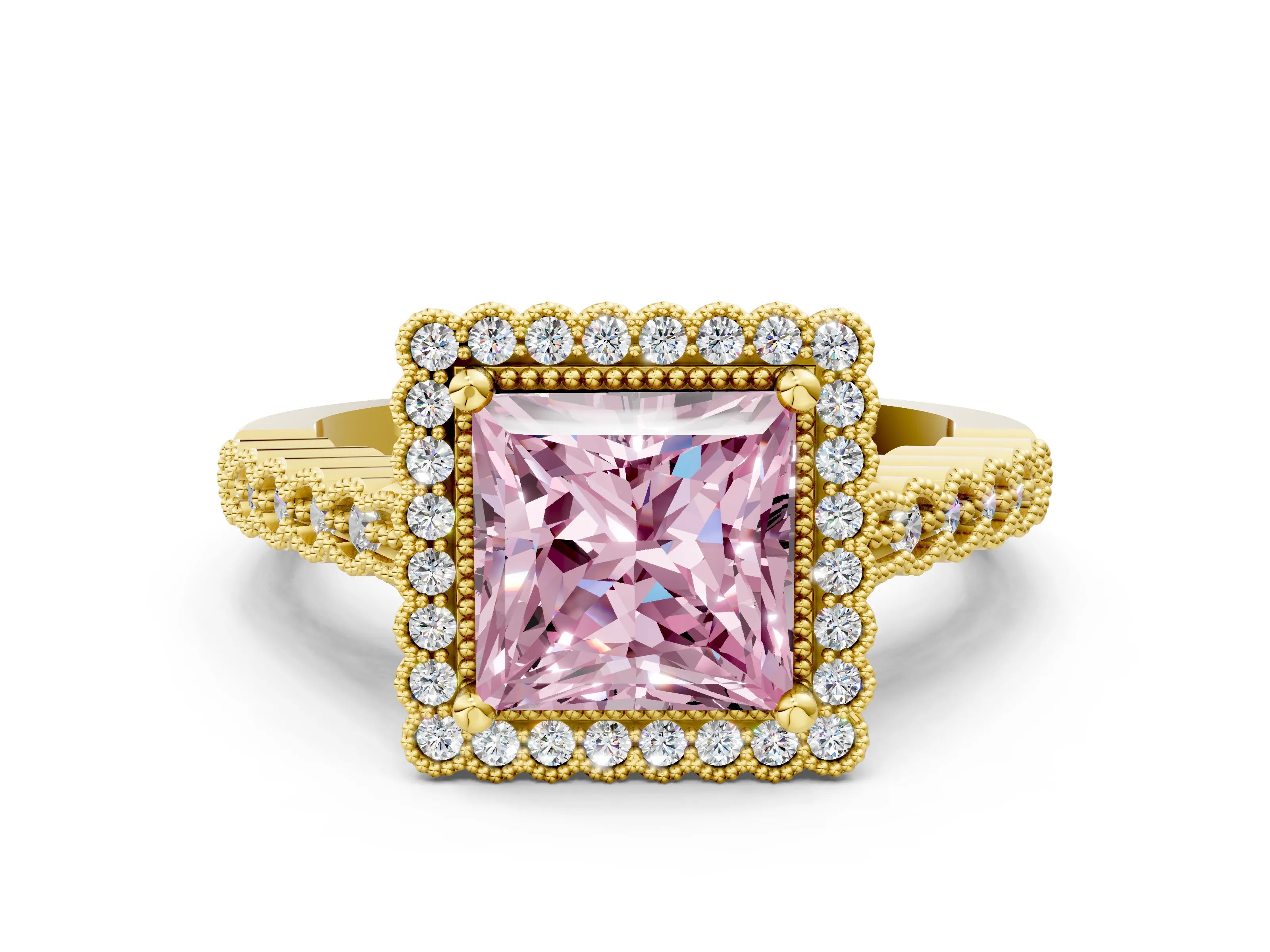 Yellow gold Fancy Pink Princess Cut Cut Halo Pavé Solitaire Ring with Milgrain Band