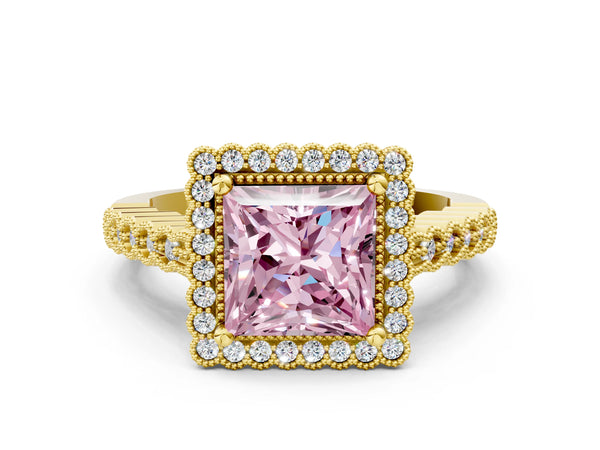 Yellow gold Fancy Pink Princess Cut Cut Halo Pavé Solitaire Ring with Milgrain Band