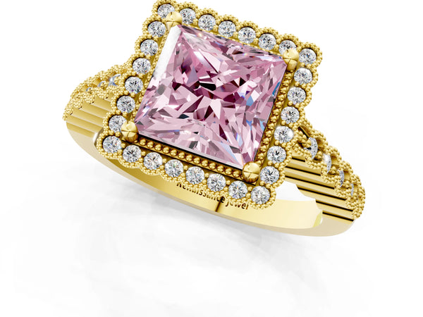 Yellow gold Fancy Pink Princess Cut Cut Halo Pavé Solitaire Ring with Milgrain Band