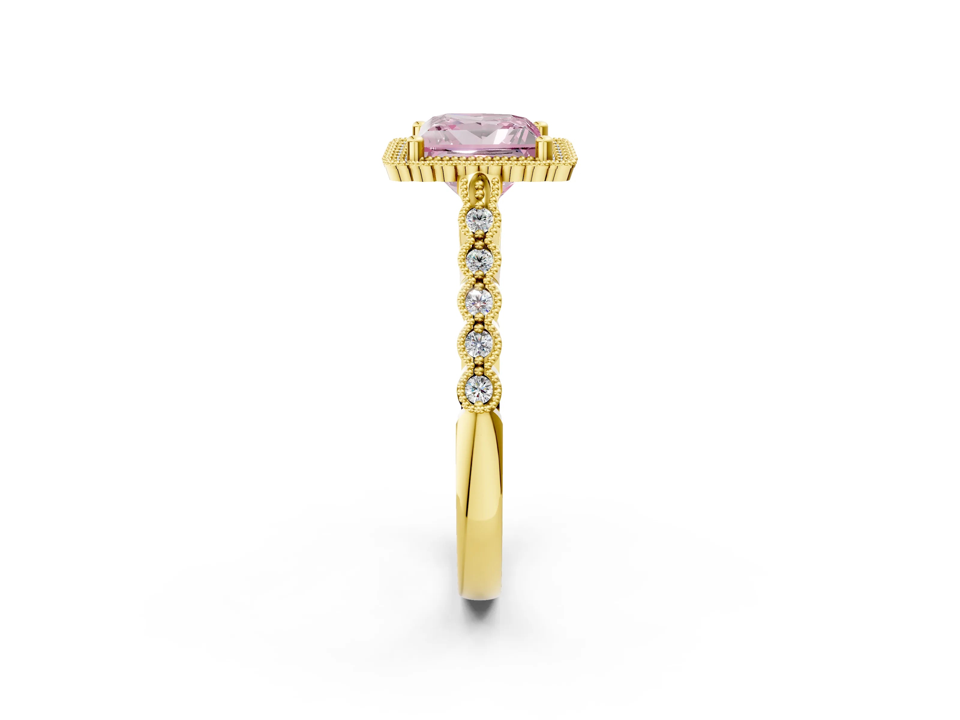 Yellow gold Fancy Pink Princess Cut Cut Halo Pavé Solitaire Ring with Milgrain Band_2