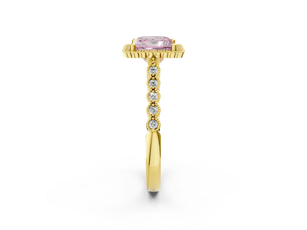 Yellow gold Fancy Pink Princess Cut Cut Halo Pavé Solitaire Ring with Milgrain Band