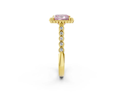 Yellow gold Fancy Pink Princess Cut Cut Halo Pavé Solitaire Ring with Milgrain Band_2