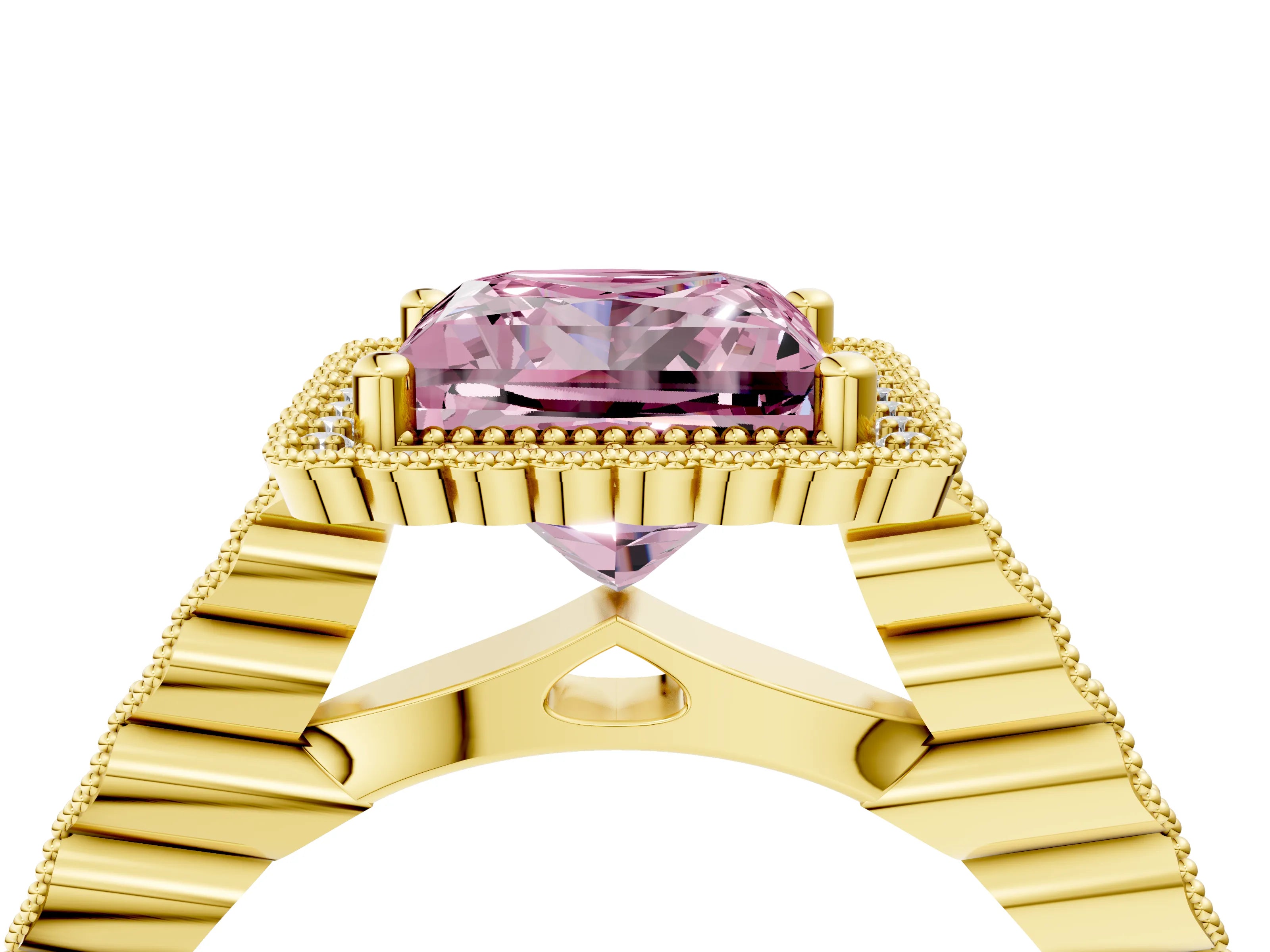 Yellow gold Fancy Pink Princess Cut Cut Halo Pavé Solitaire Ring with Milgrain Band_4