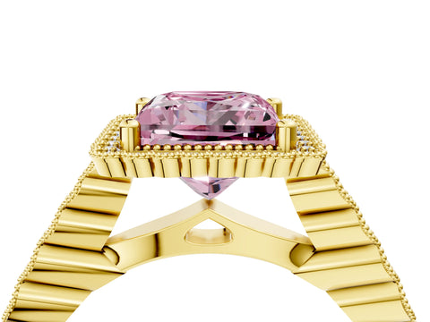 Yellow gold Fancy Pink Princess Cut Cut Halo Pavé Solitaire Ring with Milgrain Band_4