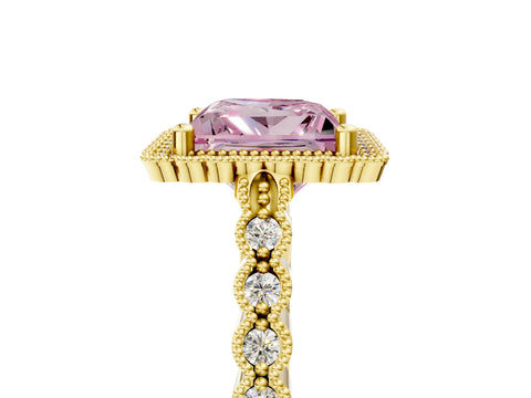 Yellow gold Fancy Pink Princess Cut Cut Halo Pavé Solitaire Ring with Milgrain Band_5