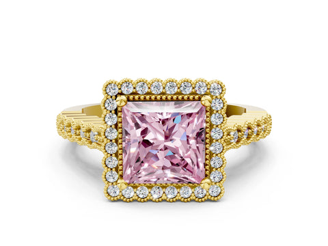 Yellow gold Fancy Pink Princess Cut Cut Halo Pavé Solitaire Ring with Milgrain Band