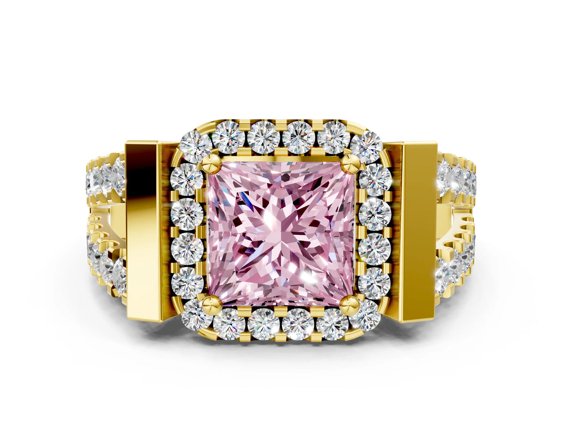 Yellow gold Fancy Pink Princess Cut Cut Halo Split Shank Prong Set Ring