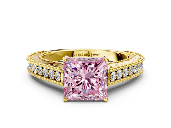 Yellow gold Fancy Pink Princess Cut Cut Pave Band Milgrain Solitaire Ring
