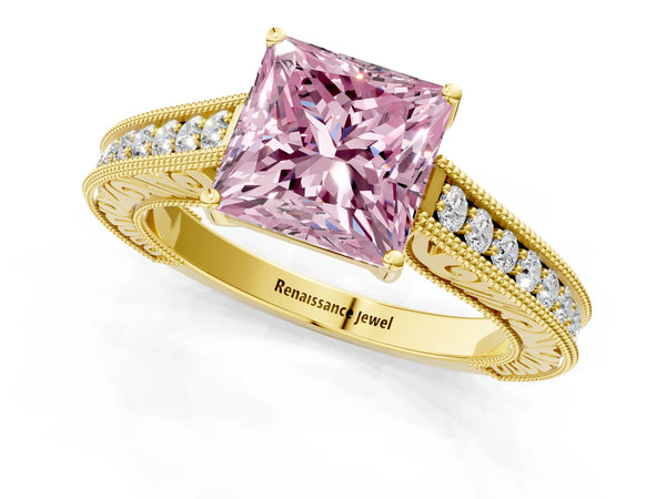 Yellow gold Fancy Pink Princess Cut Cut Pave Band Milgrain Solitaire Ring
