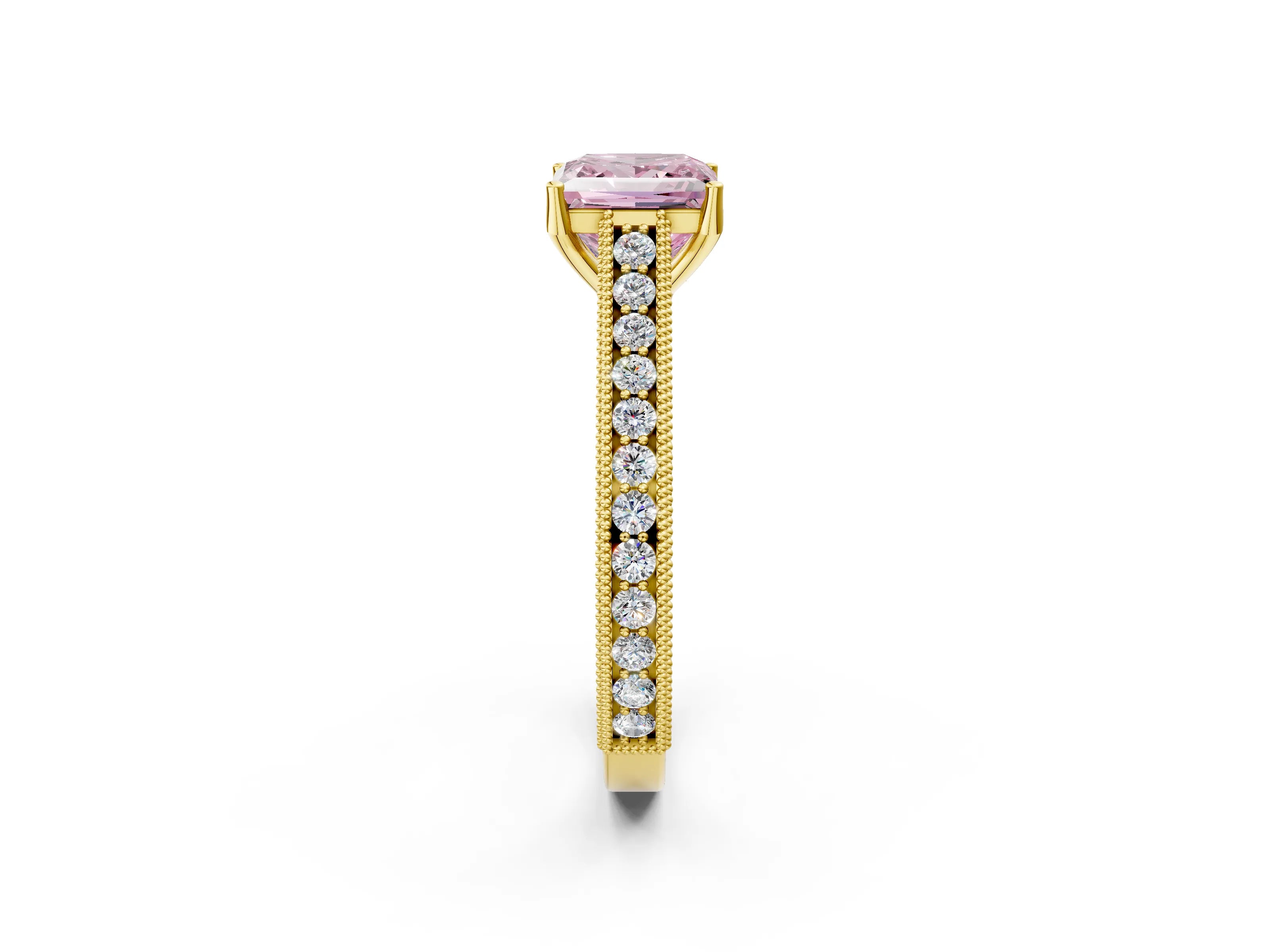 Yellow gold Fancy Pink Princess Cut Cut Pave Band Milgrain Solitaire Ring_2